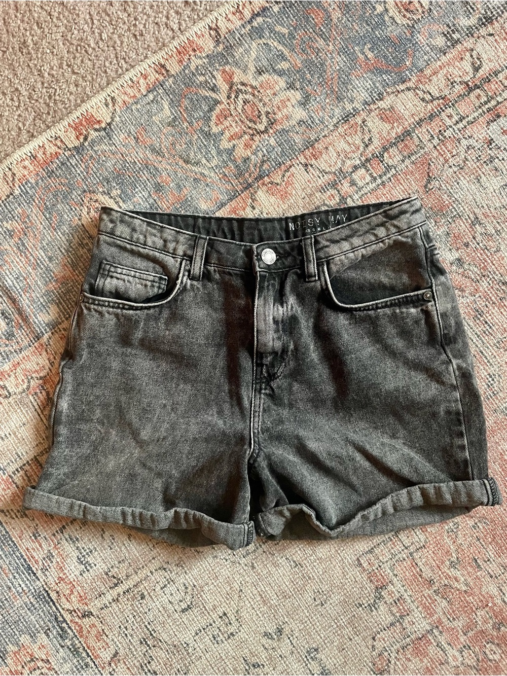 ASOS Noisy May Womens Black Acid Wash Faded Cuffed High Waisted Denim Jean Short